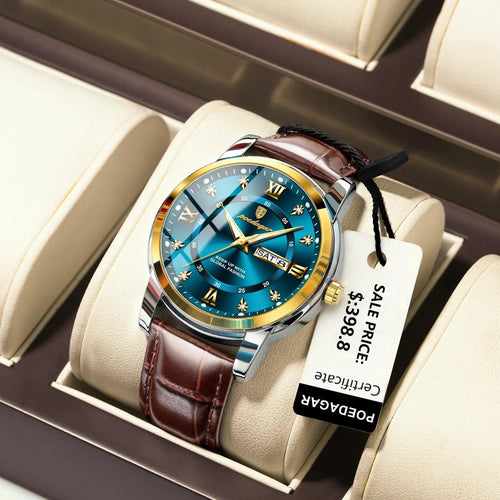 Mandotos POEDAGAR waterproof leather men's quartz watch with black dial and brown leather strap, stylish and durable timepiece.