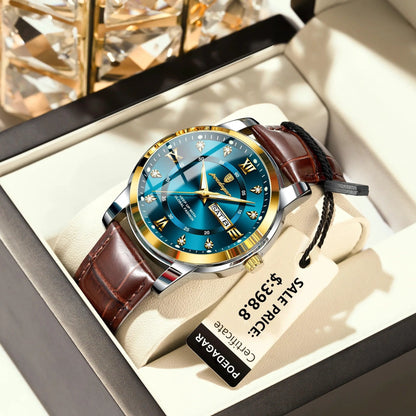 Mandotos POEDAGAR waterproof leather men's quartz watch with black dial and silver case, stylish timepiece for men.