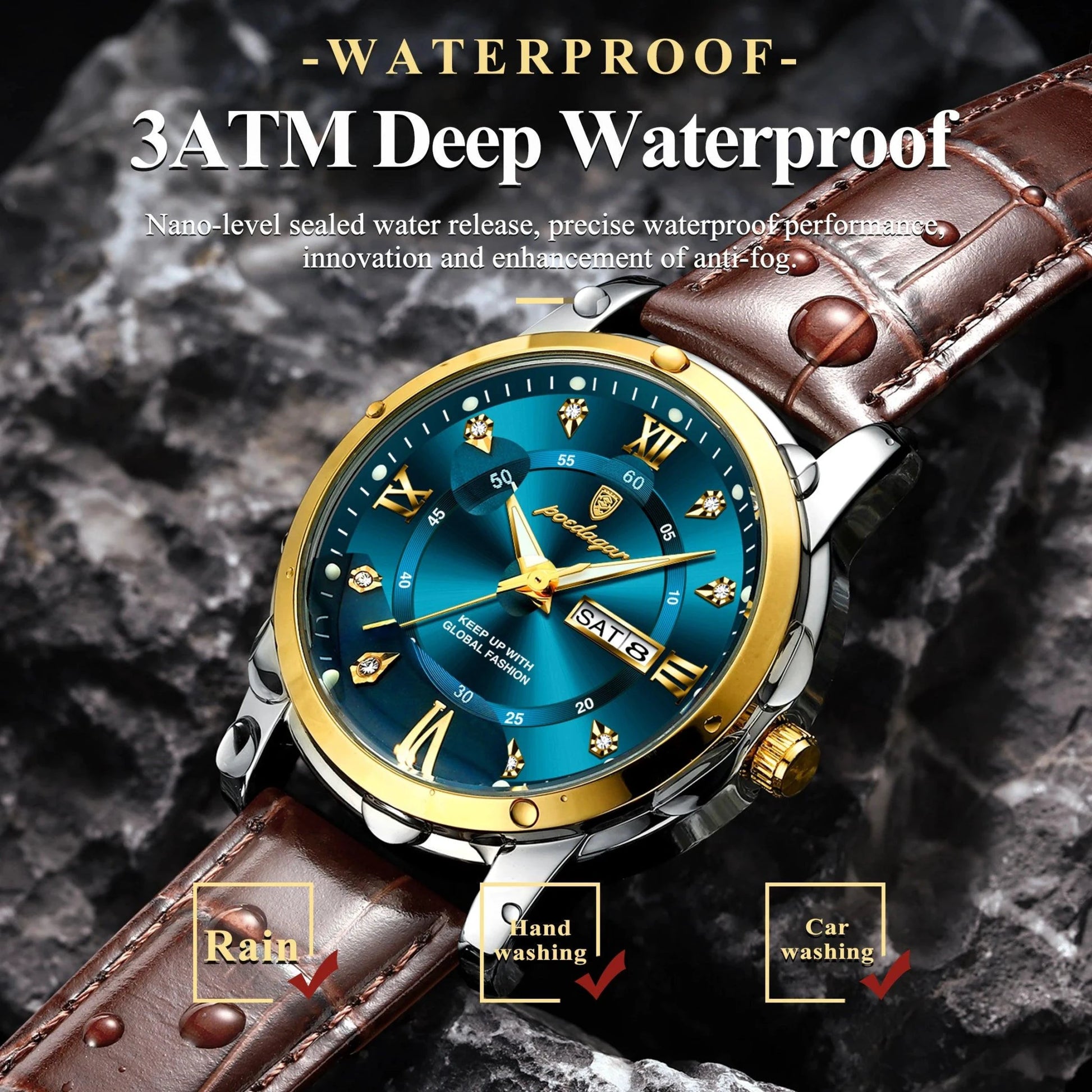 Mandotos POEDAGAR waterproof leather men's quartz watch with black dial and silver case, stylish and durable accessory.