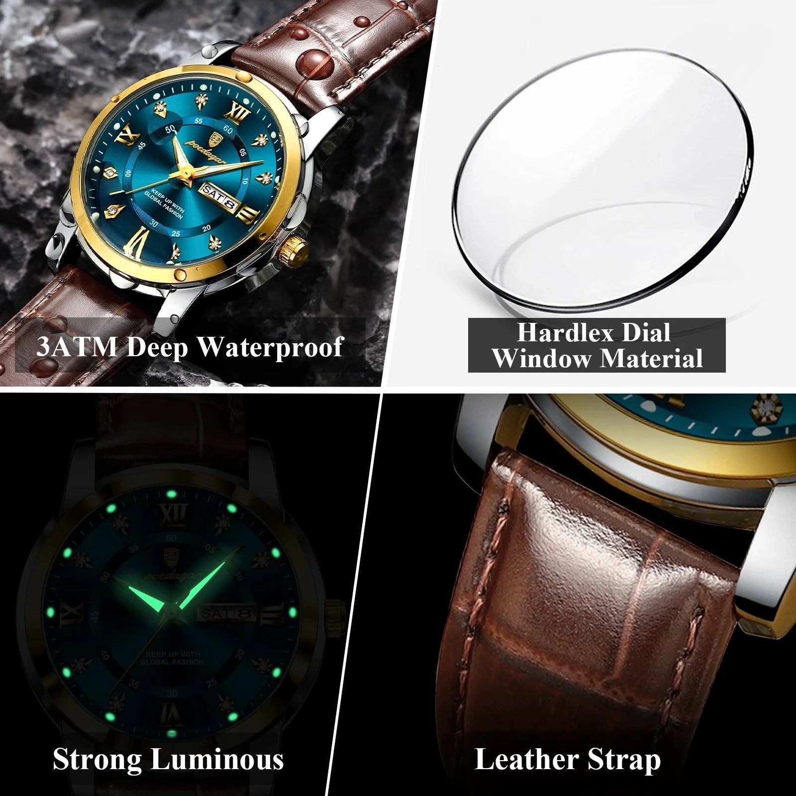 Mandotos POEDAGAR waterproof leather men's quartz watch with black dial and silver case, stylish and durable timepiece.