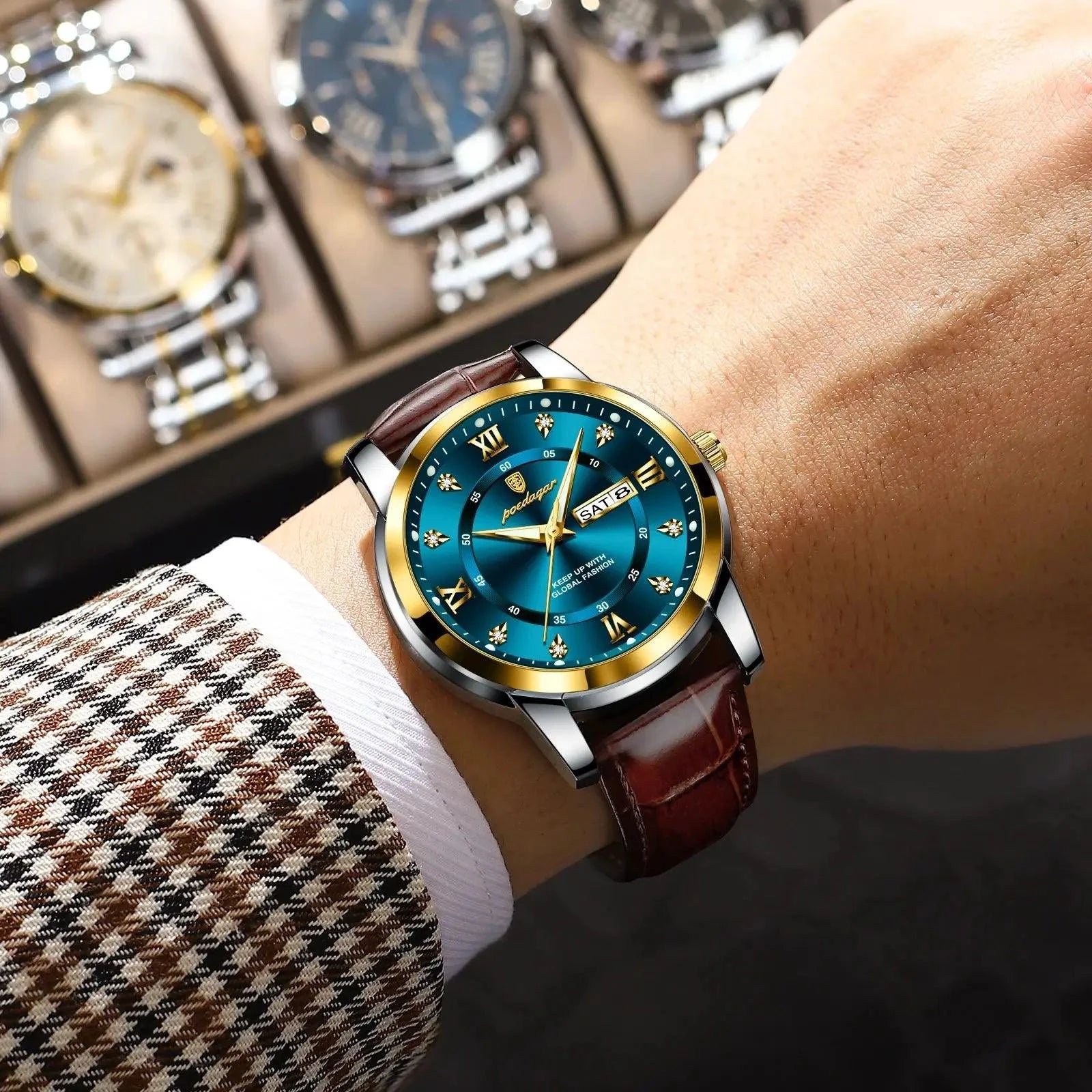 Mandotos POEDAGAR waterproof leather men's quartz watch with black dial and brown leather strap on a white background.