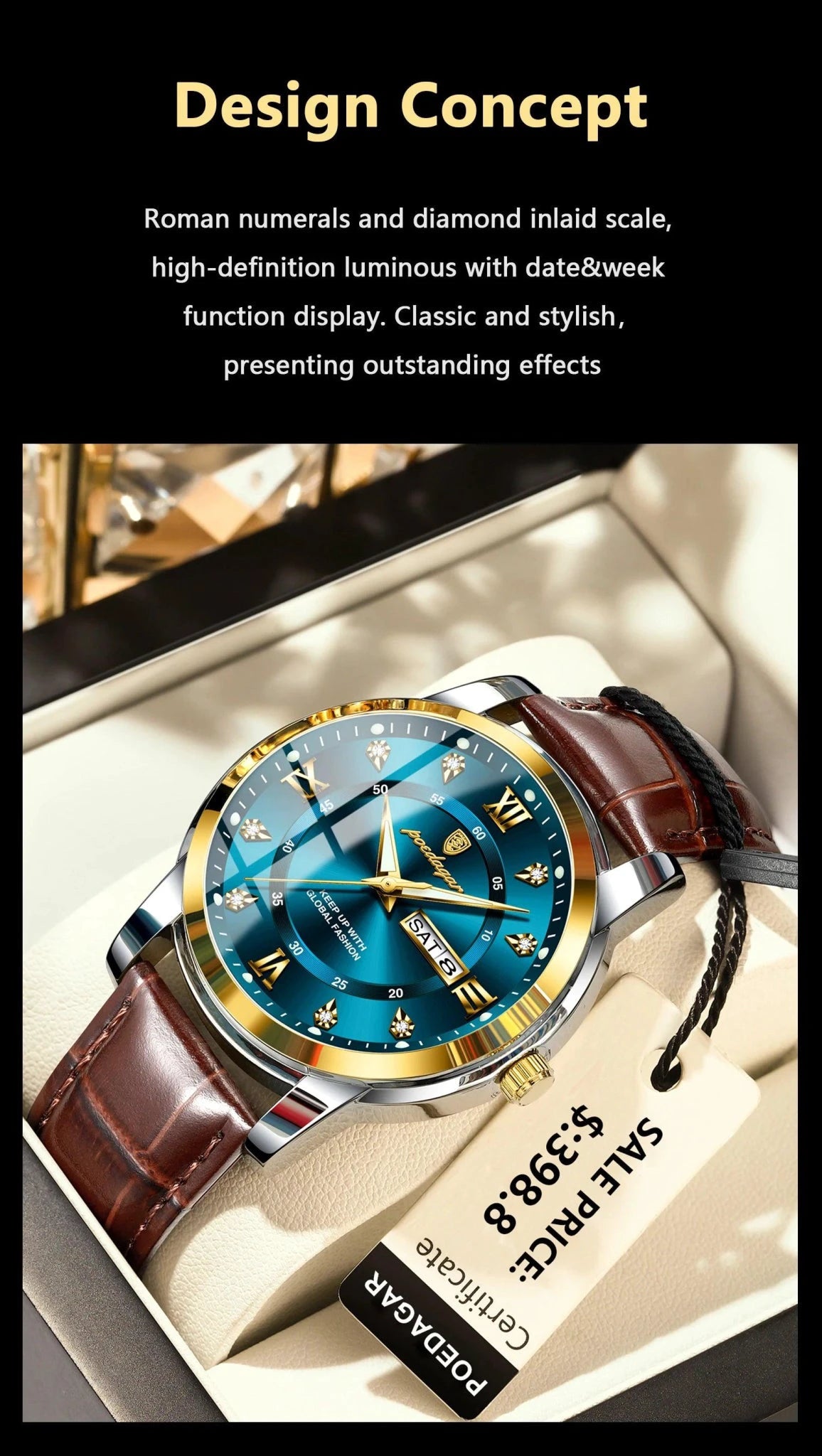 Mandotos POEDAGAR waterproof leather men's quartz watch with black dial and silver case, stylish and durable accessory.