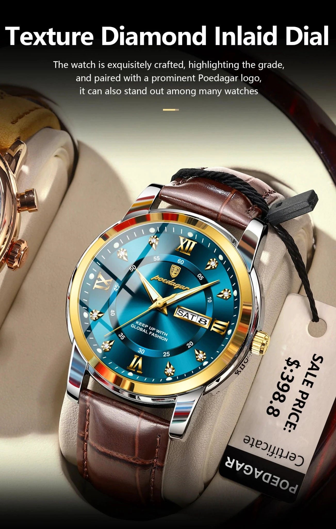 Mandotos POEDAGAR waterproof leather men's quartz watch with black dial and silver case, stylish and durable for everyday wear.