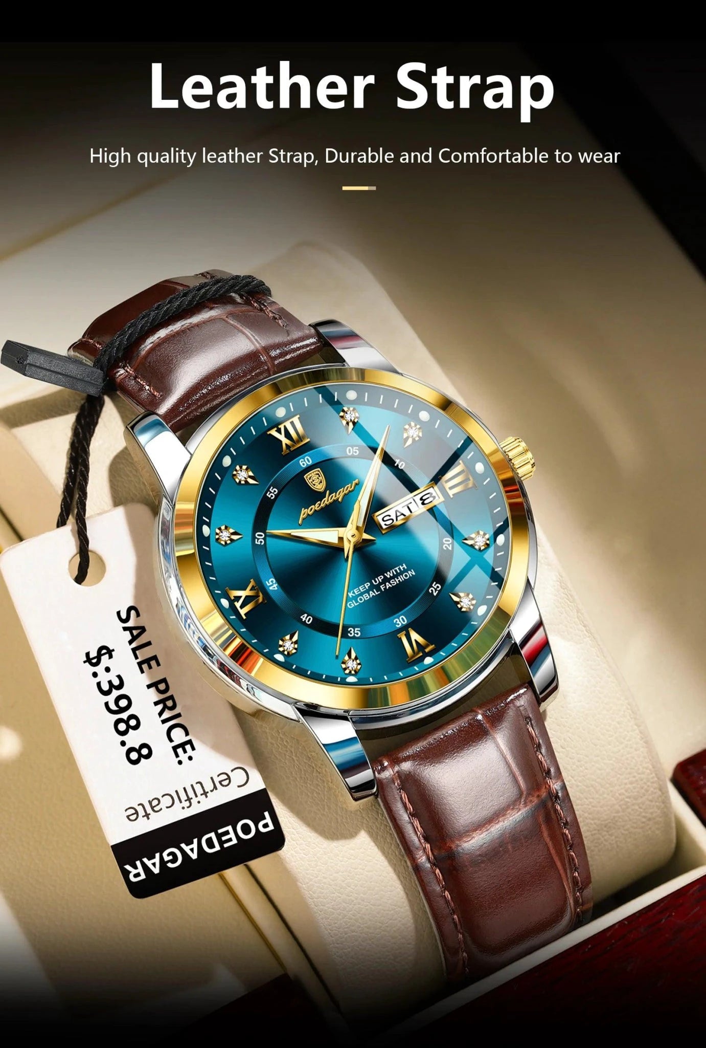 Mandotos POEDAGAR waterproof leather men's quartz watch with black dial and brown leather strap on a white background.