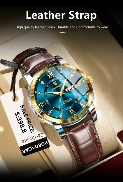 Mandotos POEDAGAR waterproof leather men's quartz watch with black dial and brown leather strap on a white background.