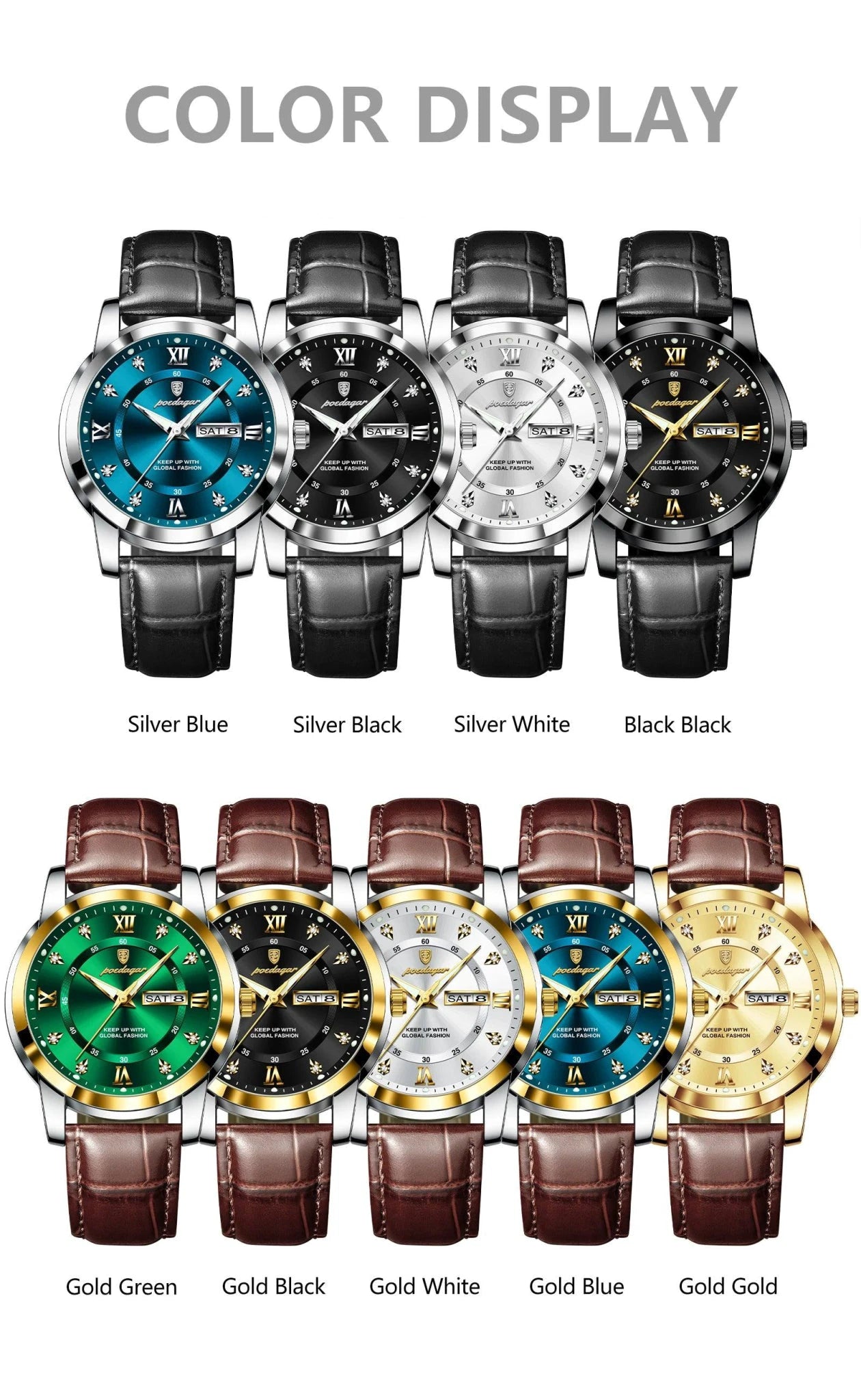 Mandotos POEDAGAR waterproof leather men's quartz watch with round dial and silver-tone case, on a black leather strap.