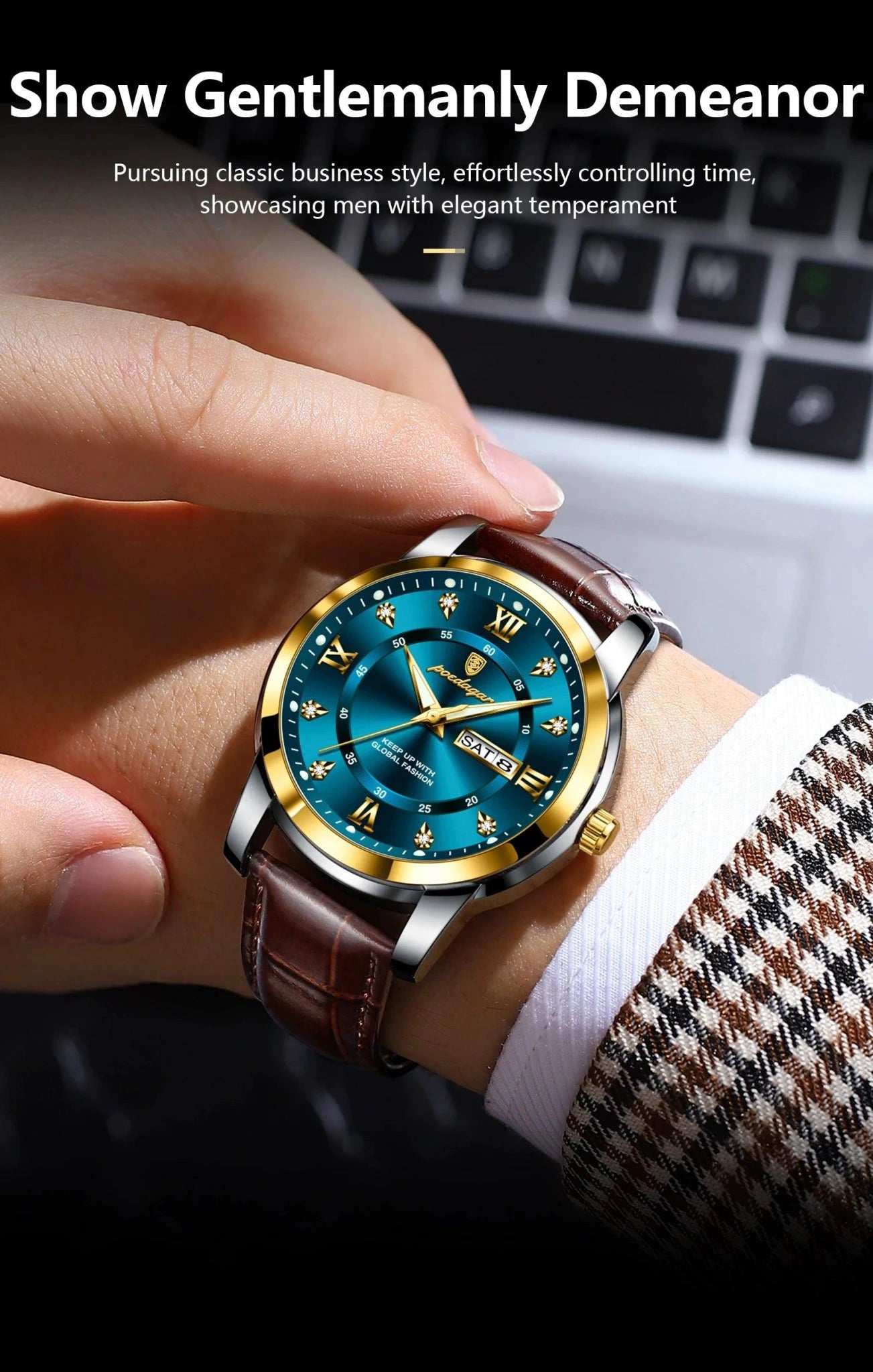 Mandotos POEDAGAR waterproof leather men's quartz watch with black strap and silver dial, stylish timepiece for men.
