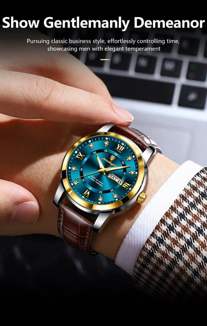 Mandotos POEDAGAR waterproof leather men's quartz watch with black strap and silver dial, stylish timepiece for men.