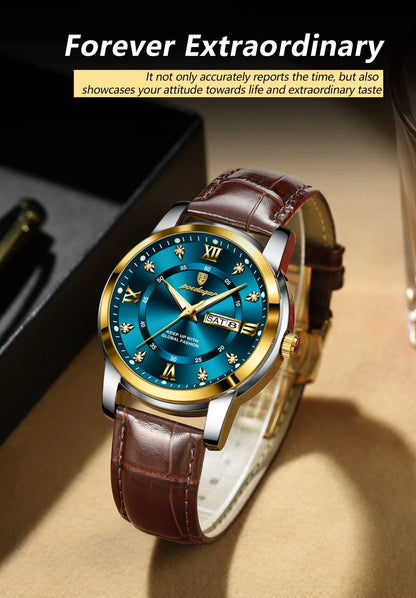 Mandotos POEDAGAR waterproof leather men's quartz watch with black dial and silver case on a wrist.