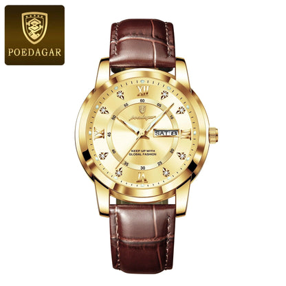Mandotos POEDAGAR waterproof leather men's quartz watch with black dial and silver case, styled for casual or formal wear.