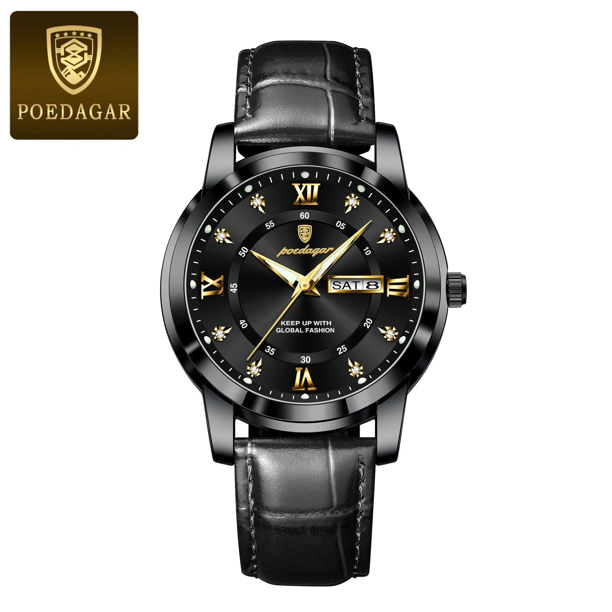 Mandotos POEDAGAR waterproof leather men's quartz watch with black dial and silver case.