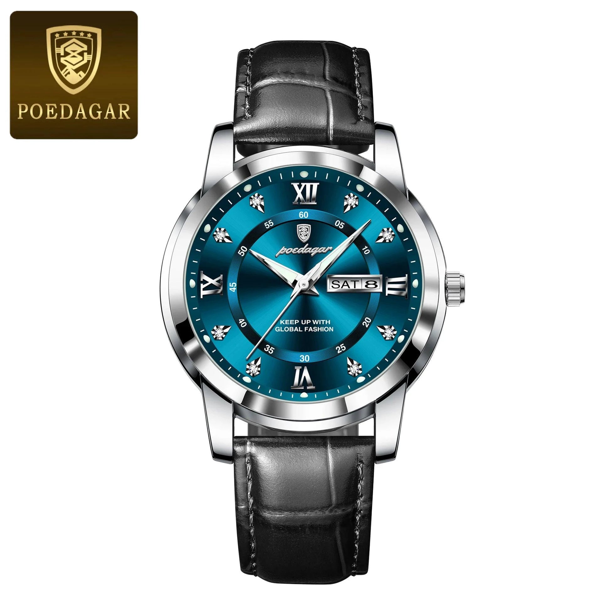Mandotos POEDAGAR waterproof leather men's quartz watch with black dial and brown leather strap, stylish and durable timepiece.