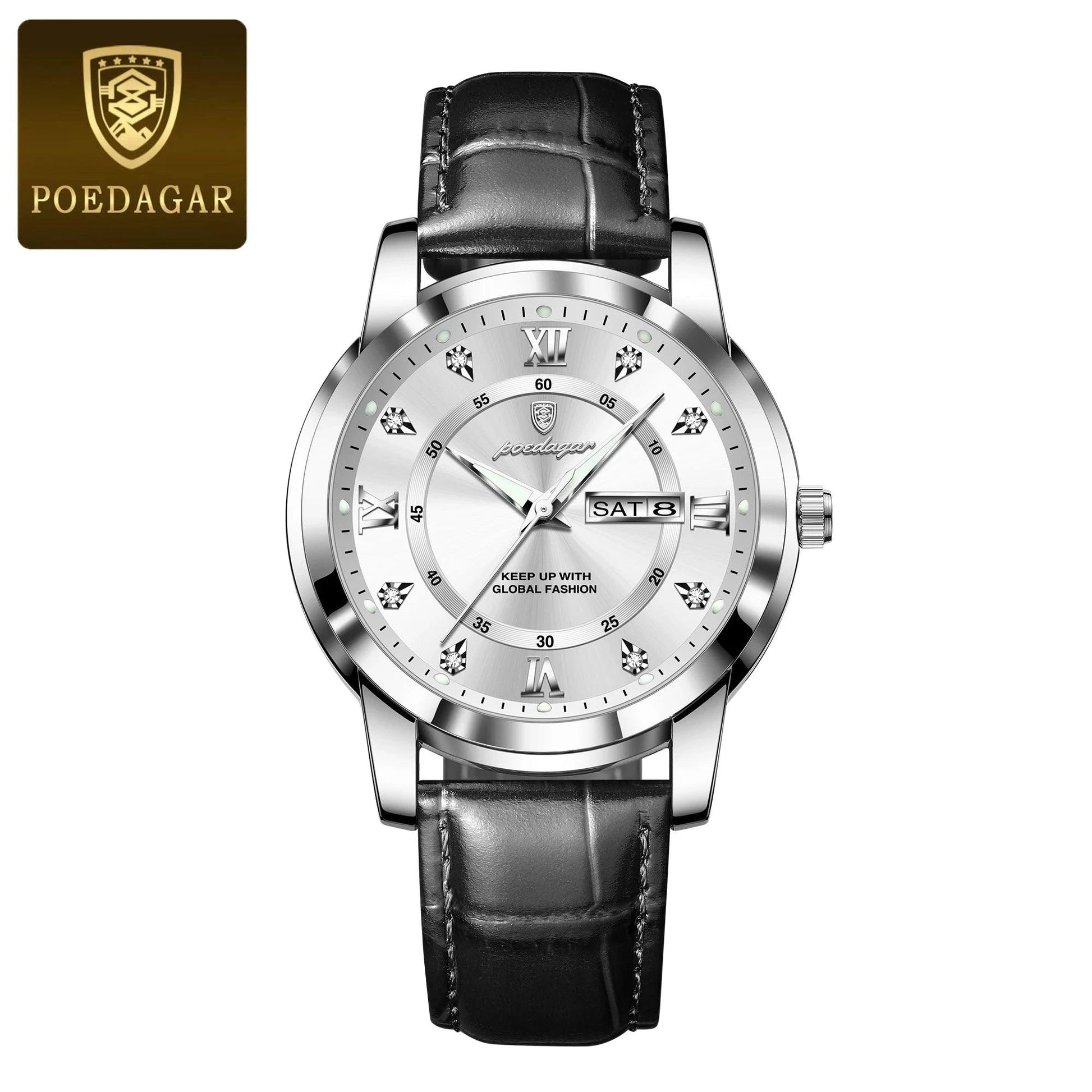 Mandotos POEDAGAR waterproof leather men's quartz watch with black dial and silver case, stylish and durable timepiece.