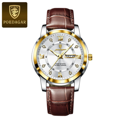 Mandotos POEDAGAR waterproof leather men's quartz watch with black dial and silver case, stylish and durable wrist timepiece