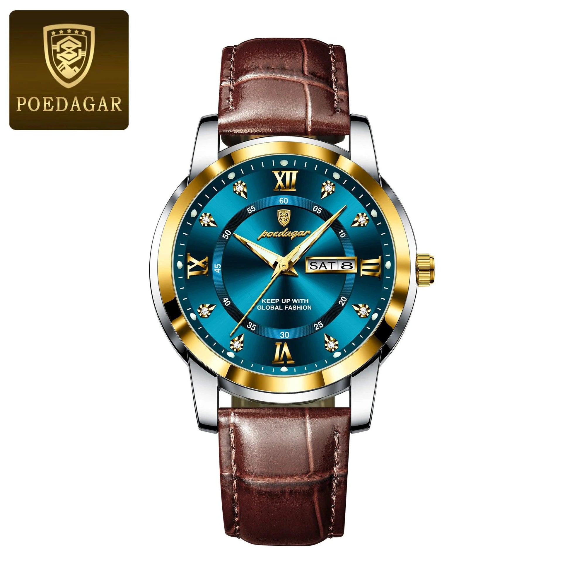 Mandotos POEDAGAR waterproof leather men's quartz watch with black dial and brown leather strap on white background.