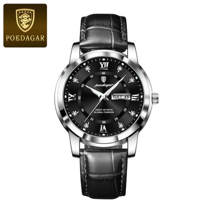 Mandotos POEDAGAR waterproof leather men's quartz watch with black dial and brown leather strap, showcasing elegant timepiece design.