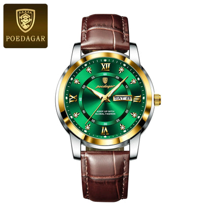 Mandotos POEDAGAR waterproof leather men's quartz watch with black dial and silver case.