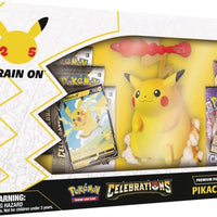 Mandotos Pokémon TCG Pikachu VMAX Celebration premium figure set featuring detailed Pikachu VMAX figure and collectible cards.