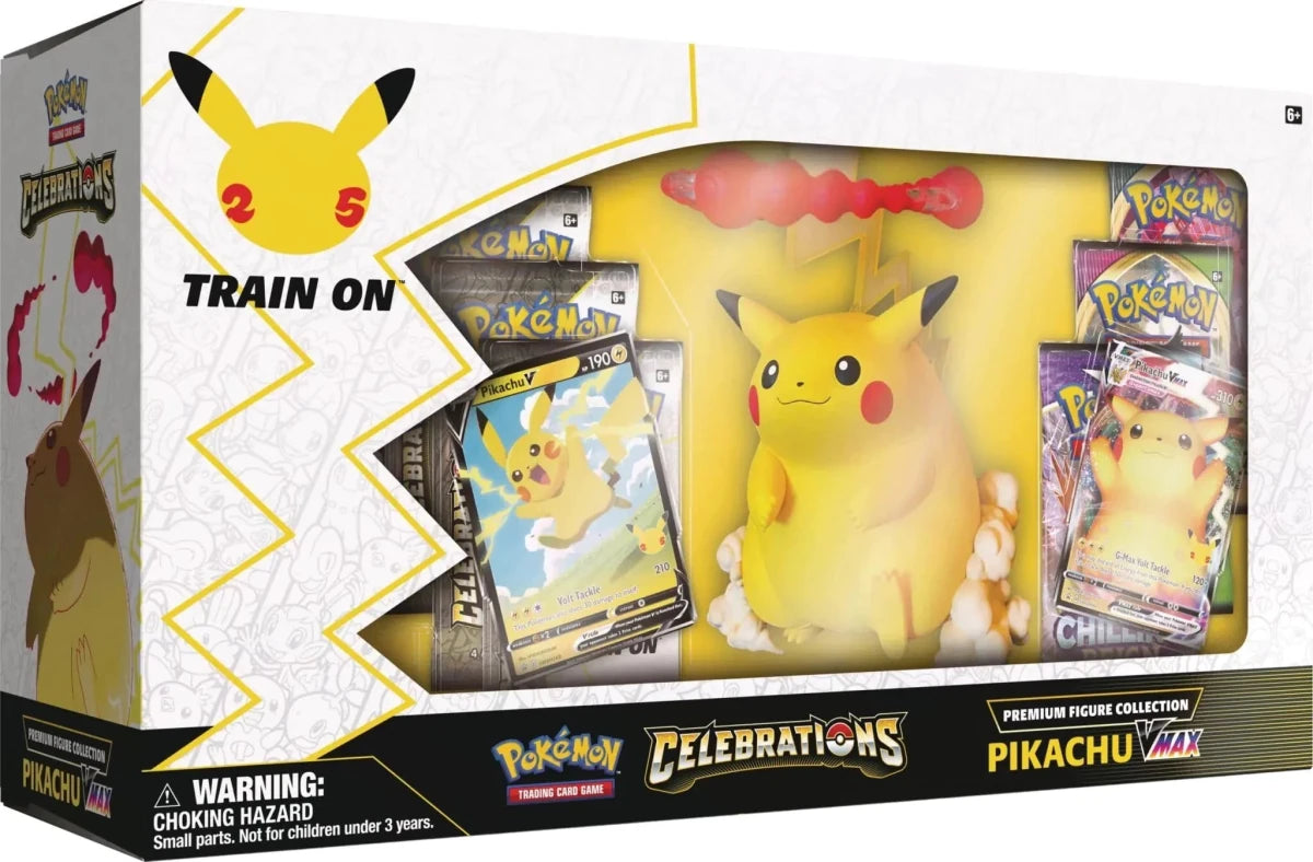 Mandotos Pokémon TCG Pikachu VMAX Celebration premium figure set featuring detailed Pikachu VMAX figure and collectible cards.