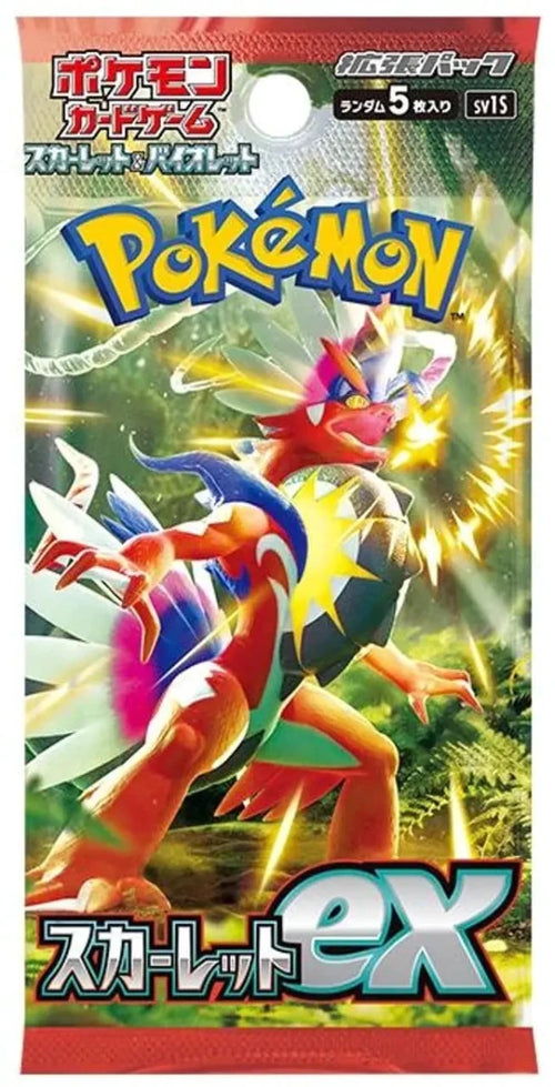 Mandotos Pokémon TCG SV1S Scarlet ex Booster pack with 5 cards featuring vibrant Pokémon illustrations on the card packaging.