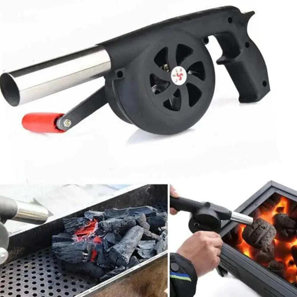 Mandotos portable BBQ blower with adjustable air control for easy starting and maintaining charcoal or wood fires.