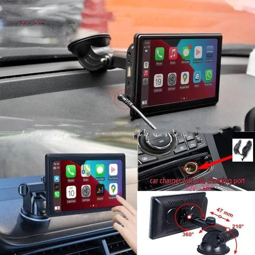 MANDOTOS portable IPS car smart screen displaying wireless projection with CarPlay and Android Auto connectivity.