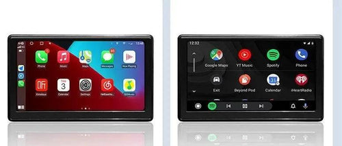 Mandotos portable IPS car smart screen displaying wireless projection, CarPlay, and Android Auto interface in a vehicle.