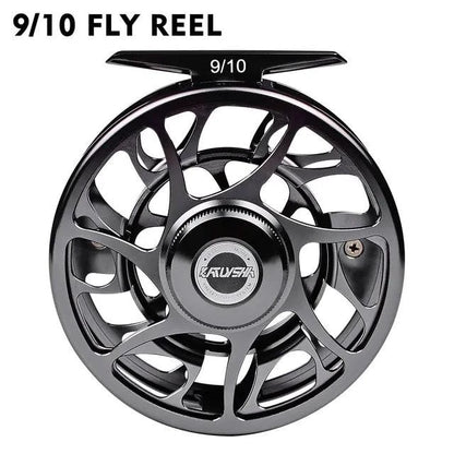 Mandotos Precision Fly Caster Reel with black handle and metal spool, designed for smooth fly fishing casting.