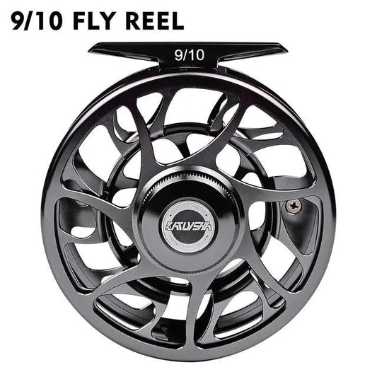 Mandotos Precision Fly Caster Reel with black handle and metal spool, designed for smooth fly fishing casting.