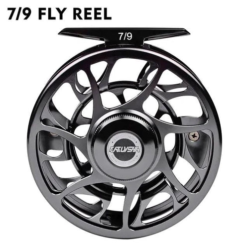 Mandotos Precision Fly Caster Reel showing a sleek metal reel with handle and spool for freshwater fly fishing.