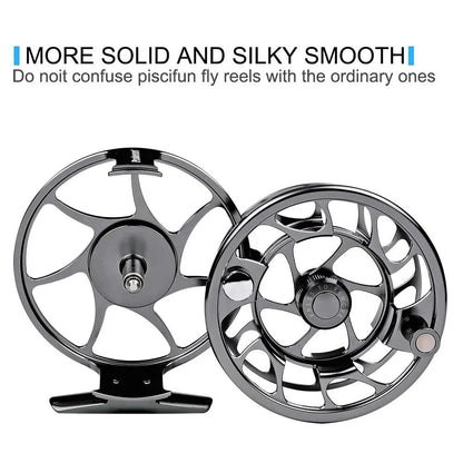 Mandotos Precision Fly Caster Reel with black metal body and handle, designed for smooth fly fishing casting.