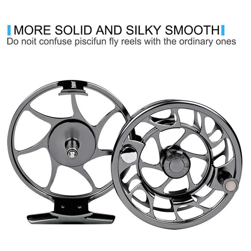 Mandotos Precision Fly Caster Reel with black metal body and handle, designed for smooth fly fishing casting.