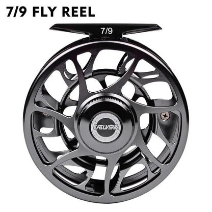Mandotos Precision Fly Caster Reel with black handle and metal spool, designed for smooth fishing performance.