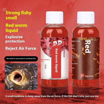 Mandotos Premium Red Worm Fishing Liquid for carp bait, showing a bottle of the fishing lure with vibrant red color details.