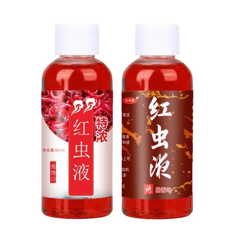 Mandotos Premium Red Worm Fishing Liquid, a fishing bait enhancer for carp, shown in a clear container with red liquid.