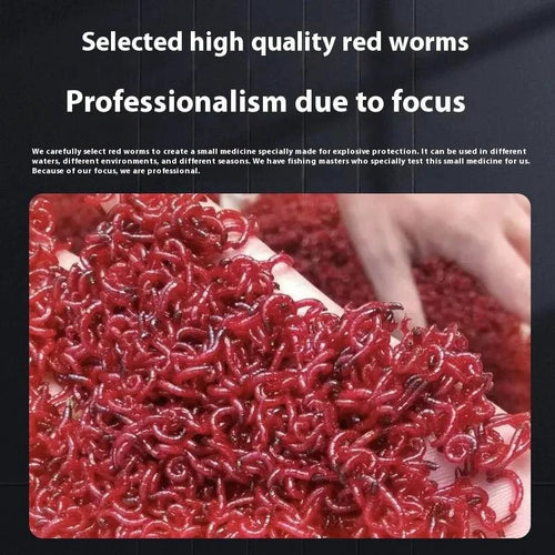 Mandotos Premium Red Worm Fishing Liquid, a carp bait enhancer with vibrant red color and liquid consistency for fishing success