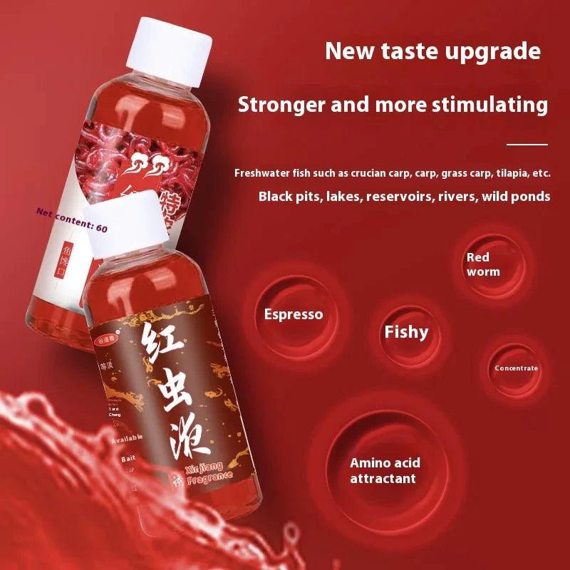 Mandotos Premium Red Worm Fishing Liquid for carp bait, showing a bottle of fishing liquid with red worm ingredients.