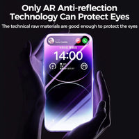 Mandotos privacy tempered glass screen protector for iPhone, anti-peep design, showing a close-up of the protector on the device.