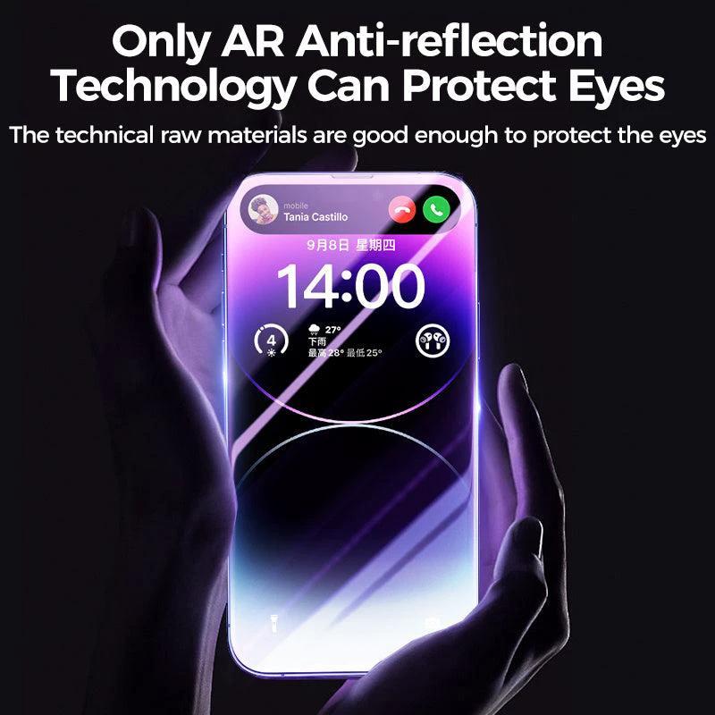 Mandotos privacy tempered glass screen protector for iPhone, anti-peep design, showing a close-up of the protector on the device.