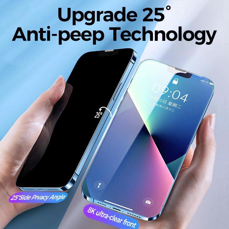 Mandotos privacy tempered glass screen protector for iPhone showing anti-peep feature and clear front view.