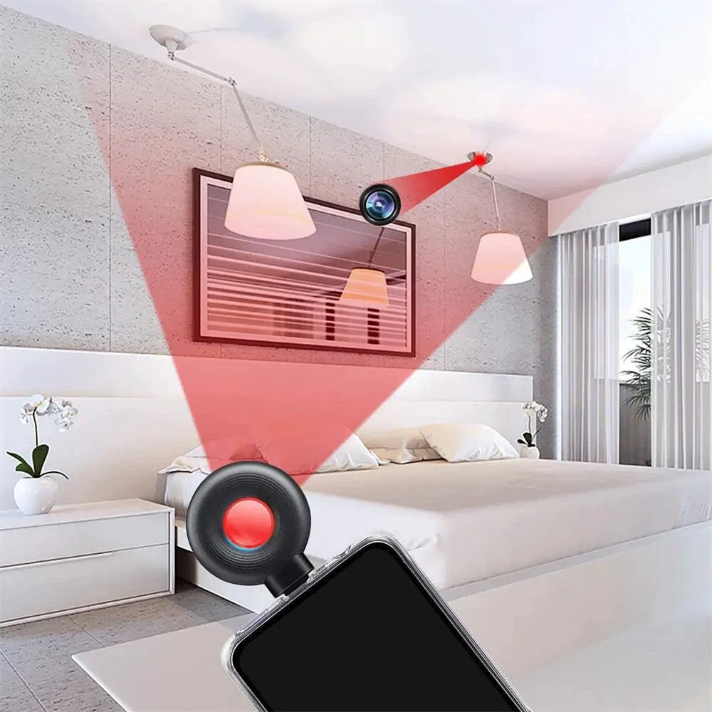 Mandotos PrivacyGuard camera detector showing handheld device scanning a room for hidden cameras in a modern setting.