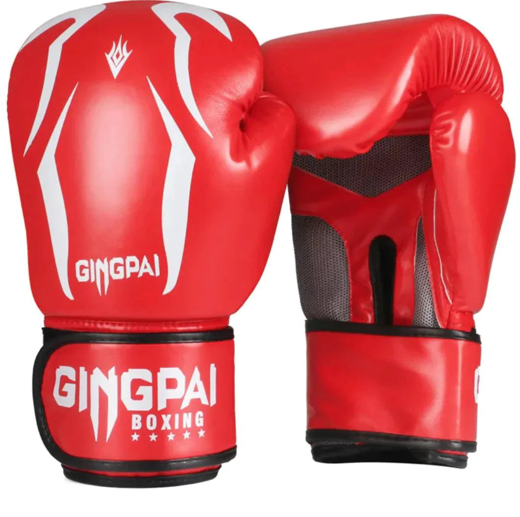 Mandotos Pro Punch adult boxing gloves in black with red accents, featuring secure wrist straps and padded knuckles for training.