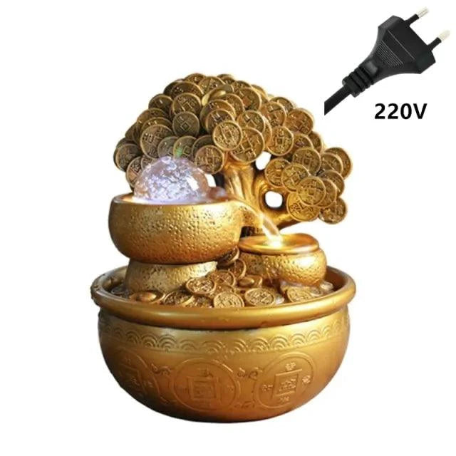 Mandotos Prosperity Gold Water Feature with flowing water and decorative gold accents, ideal for garden or outdoor decor.