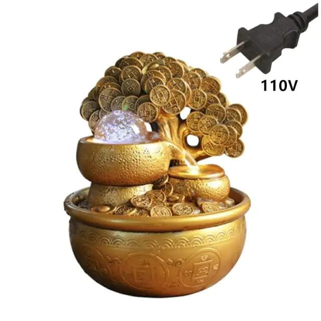 Mandotos Prosperity Gold Water Feature with elegant gold finish and flowing water design for outdoor or garden decoration.