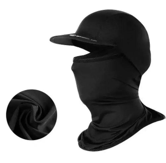 Mandotos protection hood in black fabric, designed for safety and comfort with adjustable straps and breathable material.