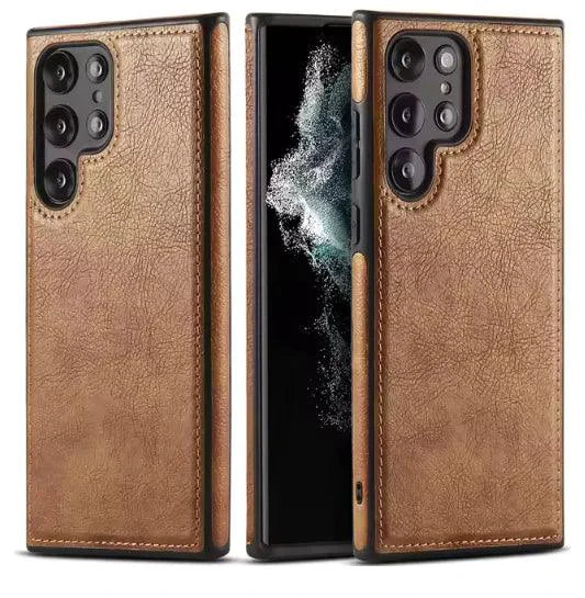 Mandotos PU leather phone case fitted on a smartphone, showcasing slim design and smooth brown finish.