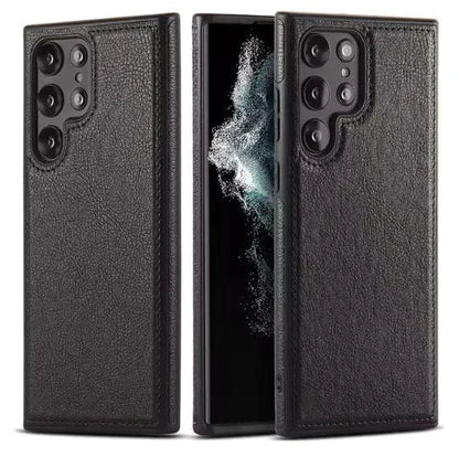 Mandotos PU leather phone case in black, featuring slim design and precise cutouts for easy access to buttons and ports.