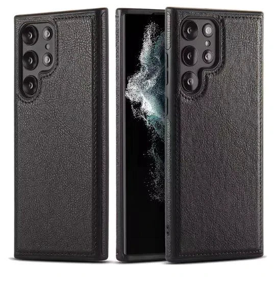 Mandotos PU leather phone case in black, showing sleek exterior and precise cutouts for buttons and camera.