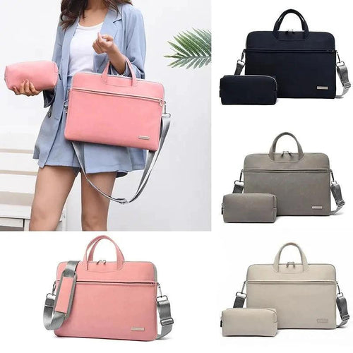 Mandotos PU leather women’s laptop bag with shoulder strap, designed for MacBook Air and up to 15.6-inch notebooks.