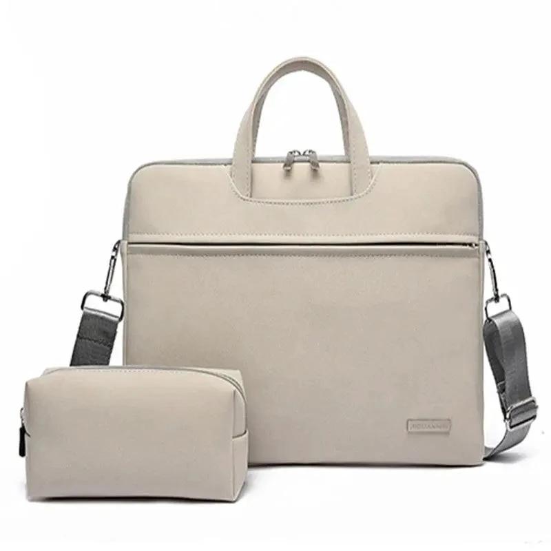Mandotos PU leather women’s laptop bag for MacBook Air 13.3 to 15.6 inches, featuring a shoulder strap and carrying handles.